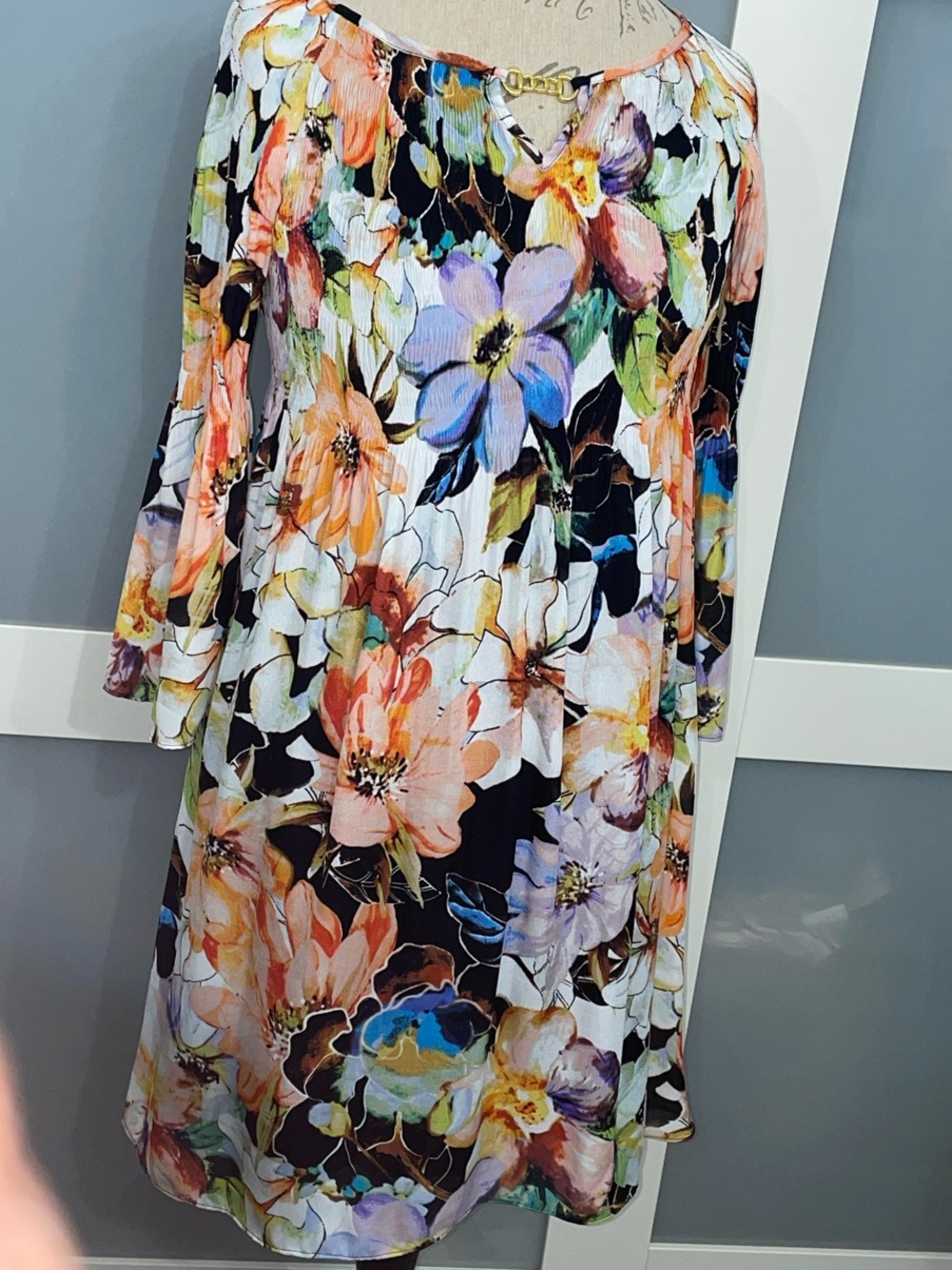 Spense Floral Midi Dress in Black, Peach, Blue & Green